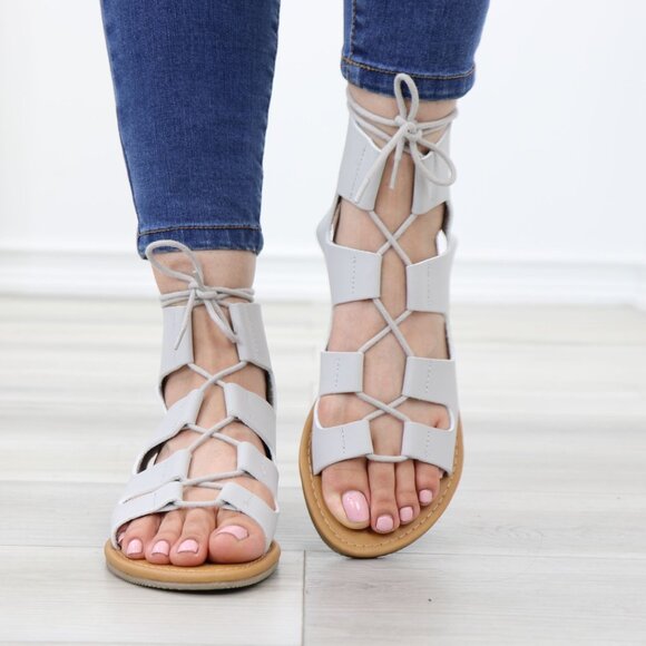 Gray Gladiator Laced-Up Bootie Style Flat Sandals - Picture 2 of 14